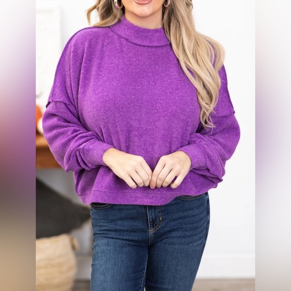 Zenana Hacci Oversized Mock Neck Exposed Reverse Seam Top, Magenta, Large/XL - Picture 8 of 10